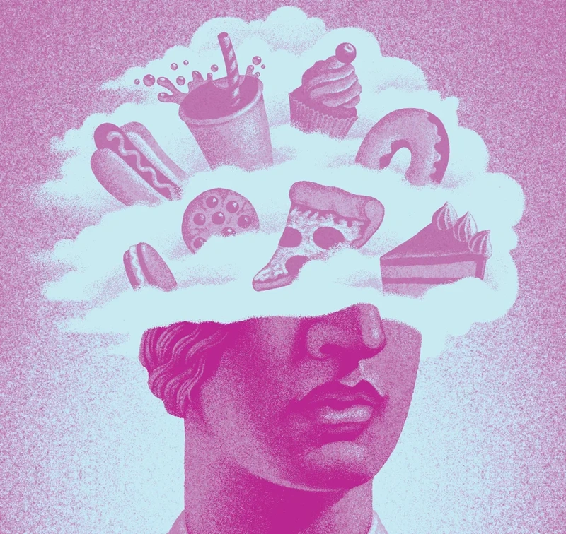 pink illustration of a person's portrait but with their eyes and top of their head covered in a think cloud with various foods